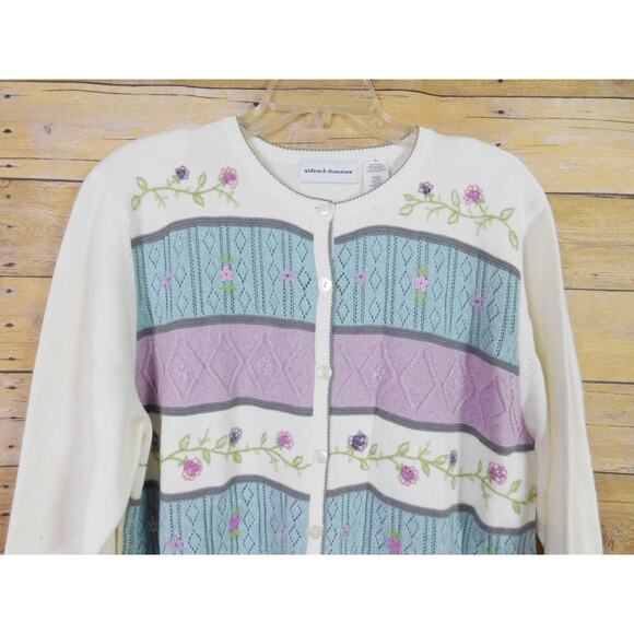 Alfred Dunner Cardigan Sweater XL White Blue Purple Stripes Embroidered Flowers - Picture 2 of 7